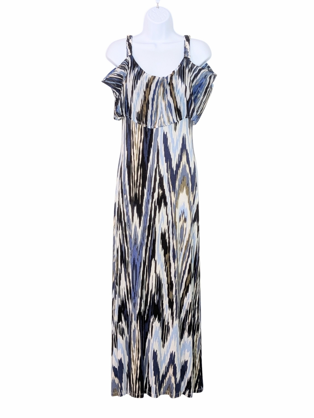 Cold-Shoulder Maxi Dress With Sheer Ruffle Overlay Scoop Neckline
